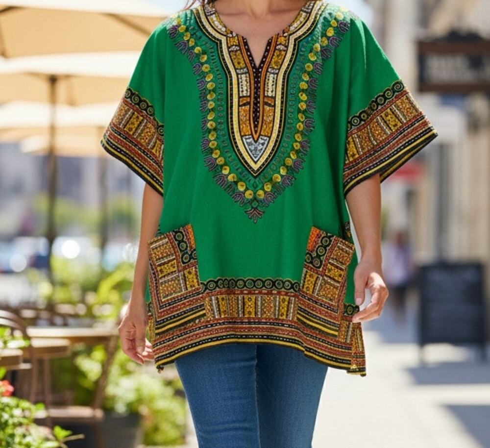 Big Mama Dashiki African Style Pullover Top Women's Size Medium Green and Orange